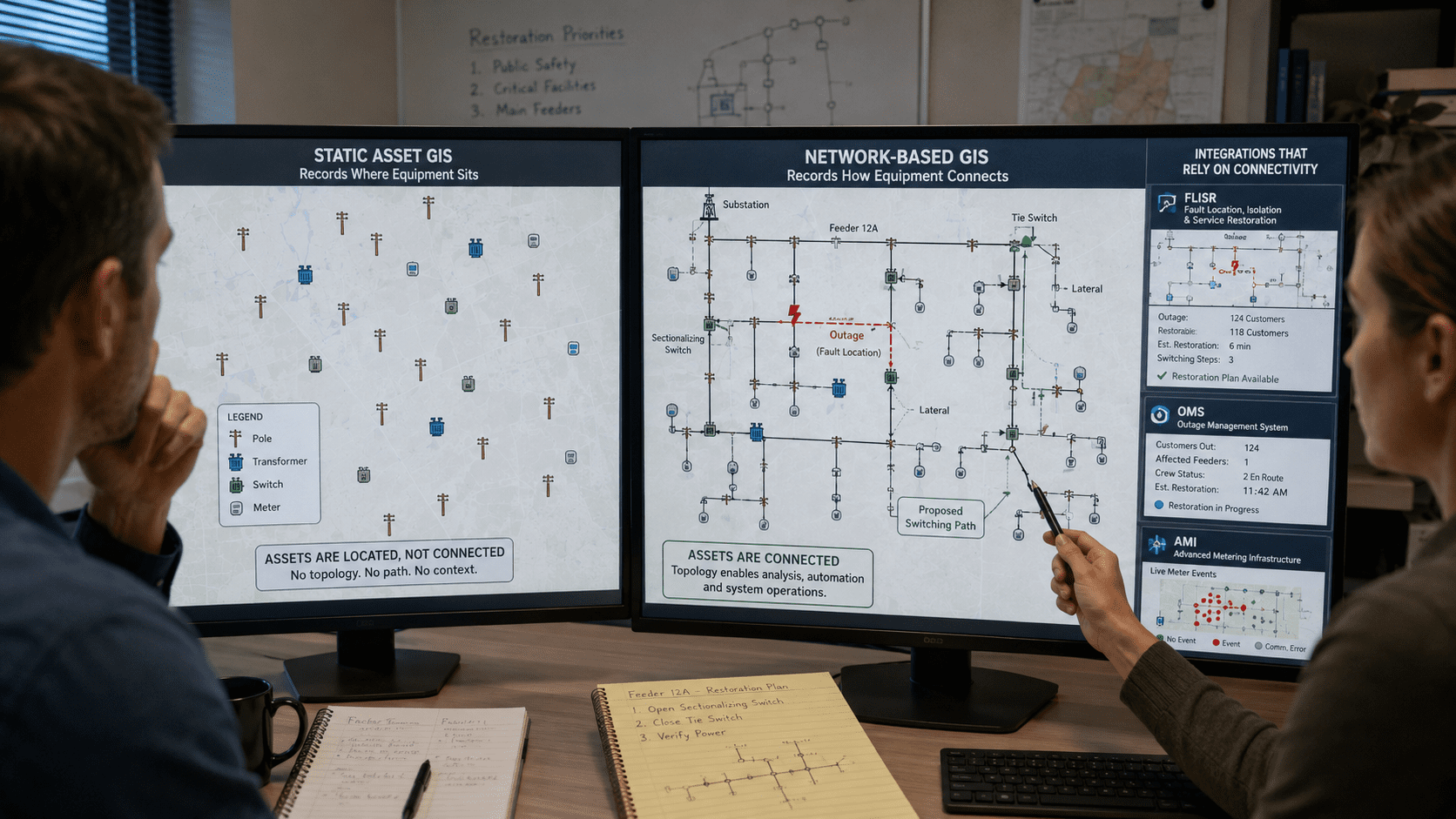 Comparison graphic showing a static asset GIS point map next to a connected, phase-aware network-based GIS model with traceable connectivity