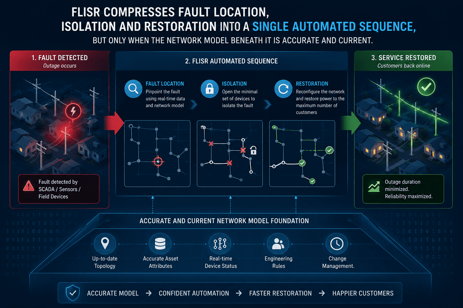 Timeline graphic comparing a manual outage restoration process against an automated FLISR self-healing restoration process built on a connected network model