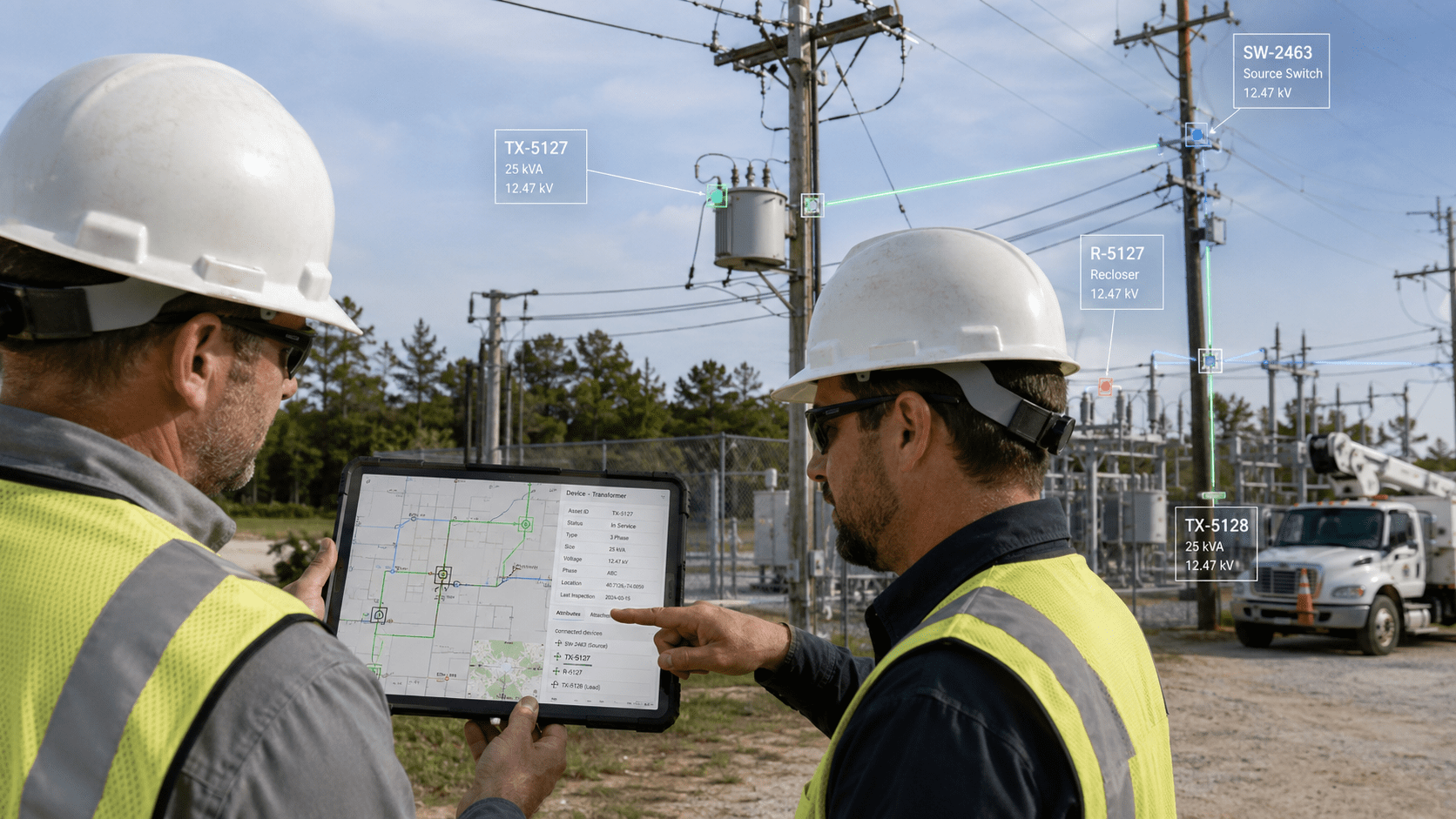 Geospatial electric network modelling architecture connecting field assets, connectivity data and grid systems
