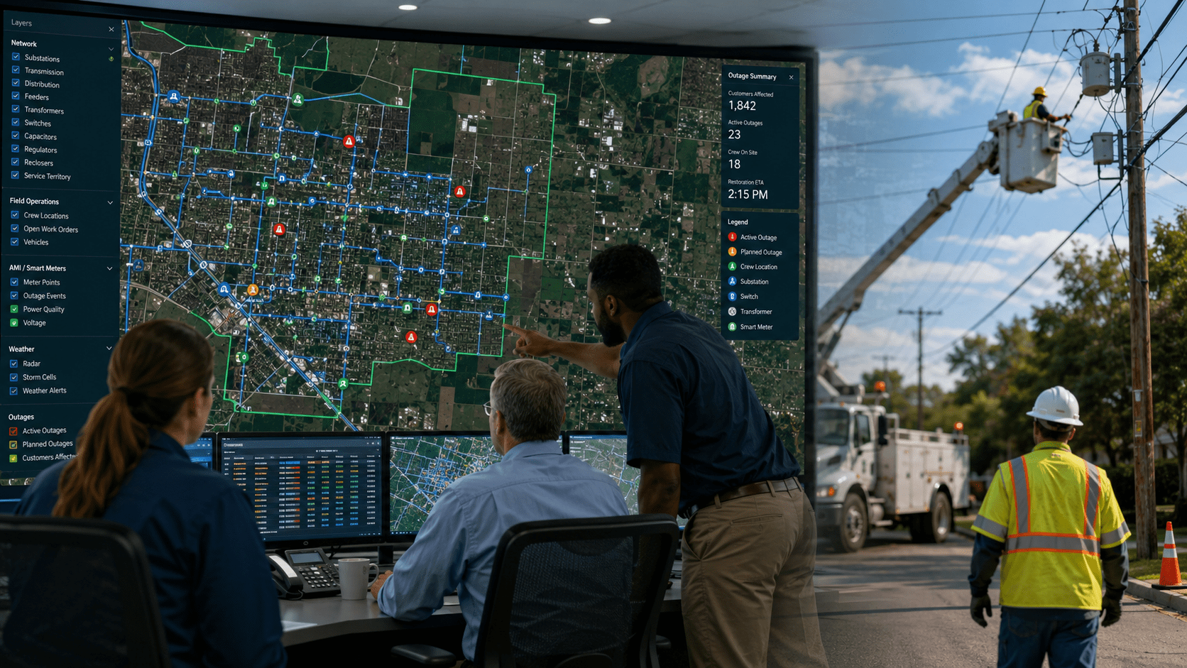 GIS for electric utilities workflow connecting grid assets, field crews, outage data, AMI and network decisions