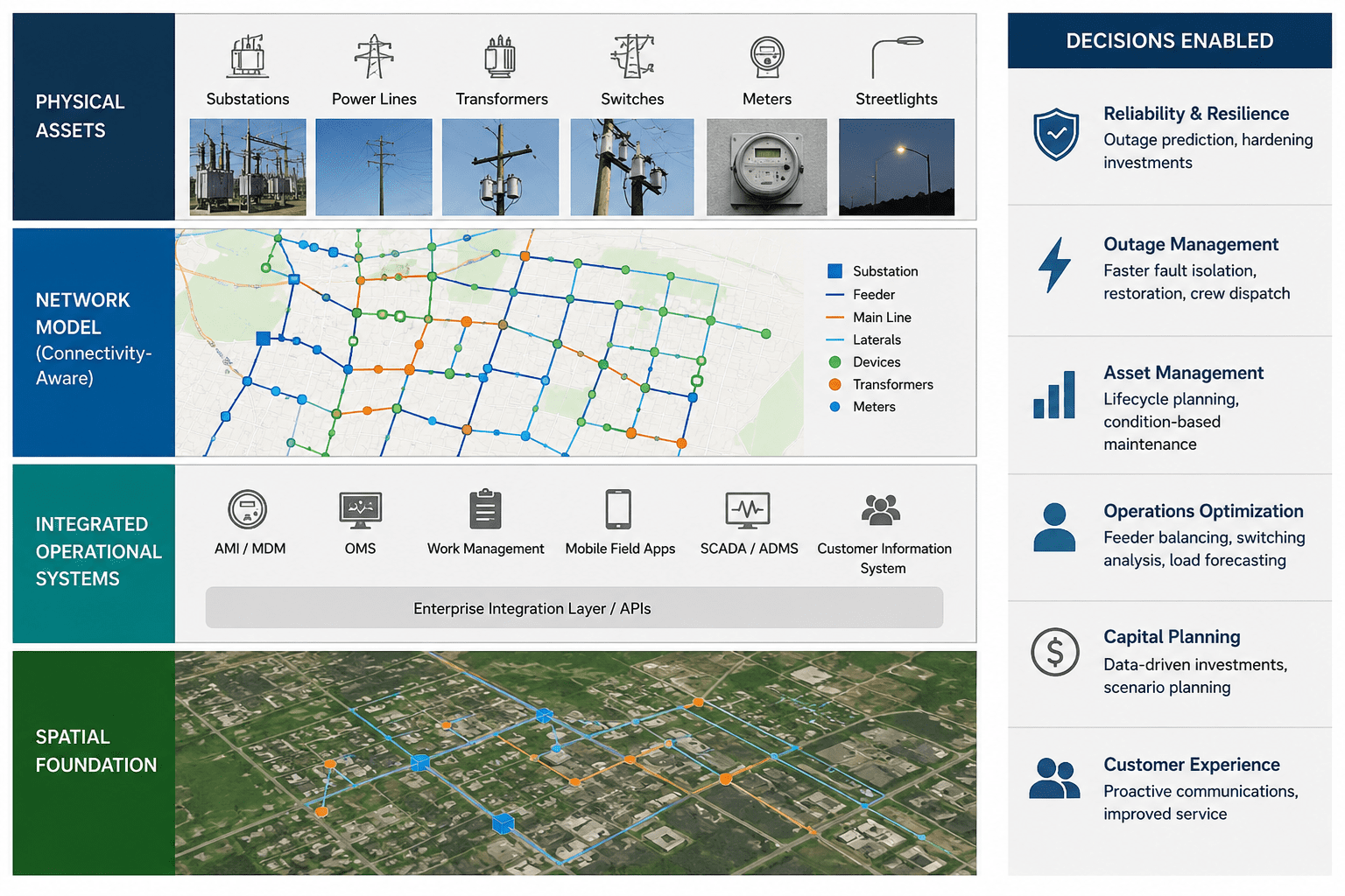 RedPlanet electric utility GIS network stack showing grid assets, connectivity model, operational systems and decisions