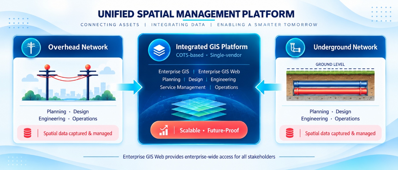 Unified spatial management platform linking overhead and underground networks through an integrated GIS