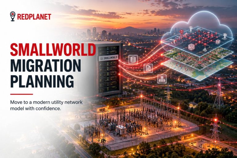 GE Smallworld migration planning featured image: a Smallworld server rack sending network data to a modern cloud utility network model above a lit substation at dusk, with the RedPlanet logo.