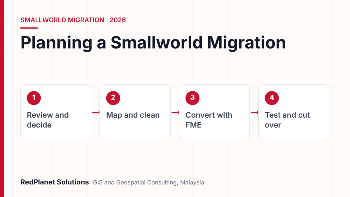 Planning a Smallworld Migration: Review and decide, Map and clean, Convert with FME, Test and cut over. RedPlanet Solutions diagram.