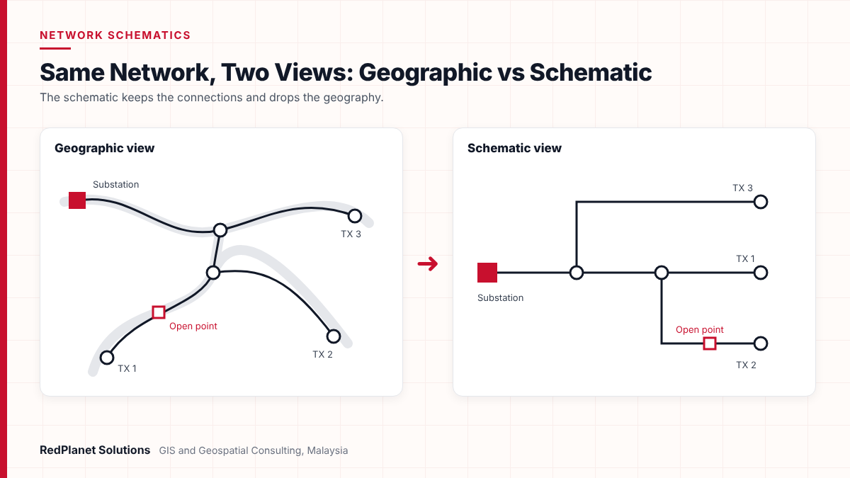 Same Network, Two Views: Geographic vs Schematic Side-by-side comparison of one electric feeder: a geographic view following real streets and an orthogonal schematic view showing the substation, three transformers and a normally open point.
