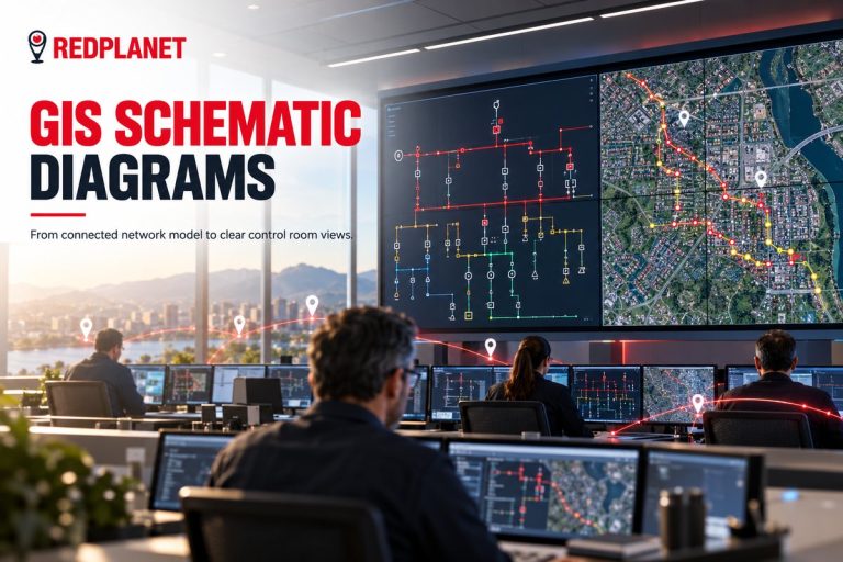 GIS schematic diagrams featured image: a utility control room video wall showing an orthogonal electrical schematic beside a street map of the same feeder, with operators at their desks and the RedPlanet logo.