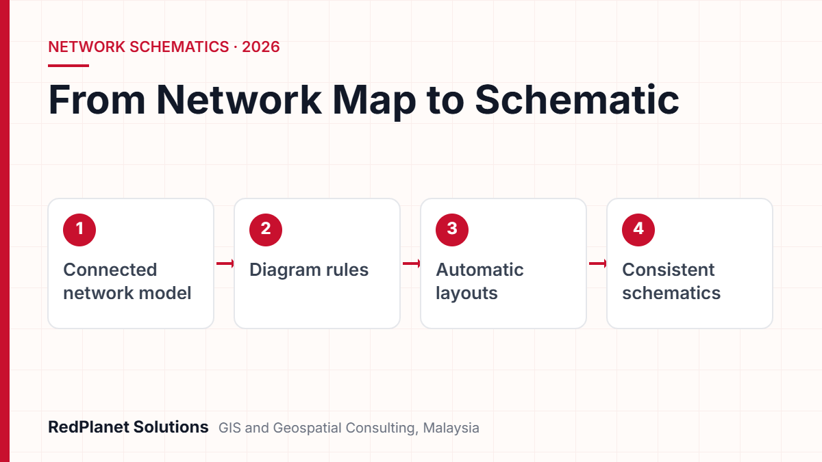 From Network Map to Schematic: Connected network model, Diagram rules, Automatic layouts, Consistent schematics. RedPlanet Solutions diagram.